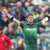 Pakistan's Shaheen Afridi celebrates after bowling out Australia's Glenn Maxwell during the Cricket World Cup match between Australia and Pakistan at the County Ground in Taunton, south west England