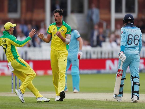 Mitchell Starc celebrate after the wicket of Joe Root at Lord's cricket ground in London Mitchell Starc celebrate after the wicket of Joe Root at Lord's cricket ground in London