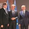 European Council President Donald Tusk (centre) welcomes Renew Europe party members Guy Verhofstadt (left) and Dacian Ciolos (right) | photo: reuters