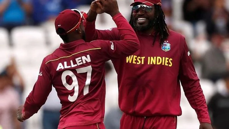 Fabian Allen and Chris Gayle celebrate Fabian Allen and Chris Gayle celebrate