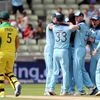 England players celebrate the wicket of Australia's captain Aaron Finch during 2019 ICC ODI World Cup
