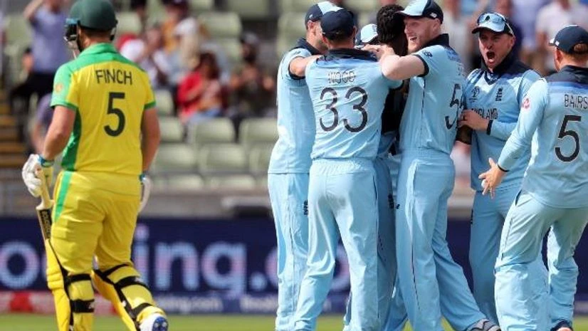 England players celebrate the wicket of Australia's captain Aaron Finch during 2019 ICC ODI World Cup England players celebrate the wicket of Australia's captain Aaron Finch during 2019 ICC ODI World Cup