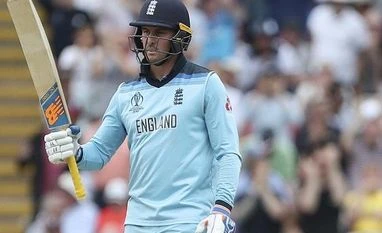 ICC CWC 2019: England's Roy fined for showing dissent at umpire's decision England's Jason Roy raises his bat to celebrate scoring fifty runs during the Cricket World Cup semi-final match between England and Australia at Edgbaston. Photo: AP | PTI