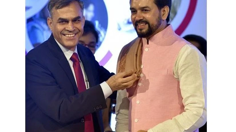 Nabard Chairman Harsh Kumar Bhanwala (left) with MoS Finance Anurag Thakur during Nabard’s 38th foundation day Nabard Chairman Harsh Kumar Bhanwala (left) with MoS Finance Anurag Thakur during Nabard’s 38th foundation day