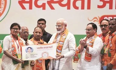 On July 6, coinciding with the 118th birth anniversary of Jana Sangh founder Syama Prasad Mookerjee, PM Narendra Modi launched the sadasyata abhiyaan in Varanasi, his Lok Sabha constituency. Photo: PTI On July 6, coinciding with the 118th birth anniversary of Jana Sangh founder Syama Prasad Mookerjee, PM Narendra Modi launched the sadasyata abhiyaan in Varanasi, his Lok Sabha constituency. Photo: PTI