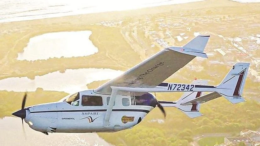 A Cessna Skymaster retrofitted with an electric motor by startup Ampaire on a test flight near the airport in California, in mid-June. The company has plans to make further modifications for a future production version of the aircraft Photo: WSJ A Cessna Skymaster retrofitted with an electric motor by startup Ampaire on a test flight near the airport in California, in mid-June. The company has plans to make further modifications for a future production version of the aircraft Photo: WSJ