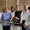 Senior Congress leader Gulam Nabi Azad addresses the media over the Kashmir issue as other opposition leaders look on, at Parliament during the Budget Session (PTI Photo)