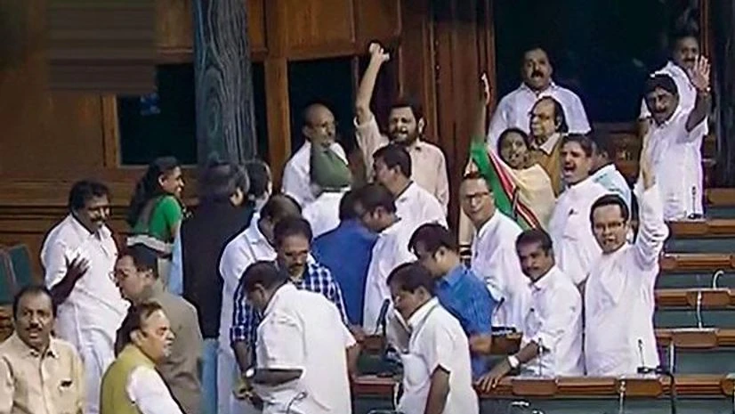 Opposition Congress members walk out of the Lok Sabha during the Budget Session of Parliament, in New Delhi, Wednesday | Photo: PTI Opposition Congress members walk out of the Lok Sabha during the Budget Session of Parliament, in New Delhi, Wednesday | Photo: PTI