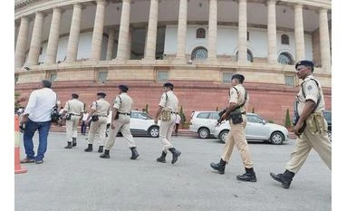 Bomb threat call from CRPF headquarters in Delhi; declared hoax CRPF jawans at the Parliament House during the Budget Session, New Delhi. Photo: PTI
