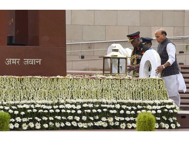 Union Defence Minister Rajnath Singh lays a wreath at the National War Memorial in New Delhi Union Defence Minister Rajnath Singh lays a wreath at the National War Memorial in New Delhi