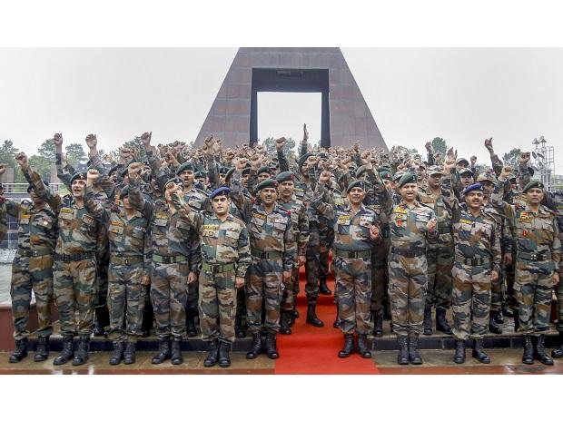 Army jawans and officers raise patriotic slogans after paying tribute at War Memorial (Balidan Stambh) in Jammu Army jawans and officers raise patriotic slogans after paying tribute at War Memorial (Balidan Stambh) in Jammu