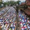 Muslims offer Eid al-Adha prayers at Bandra station, in Mumbai