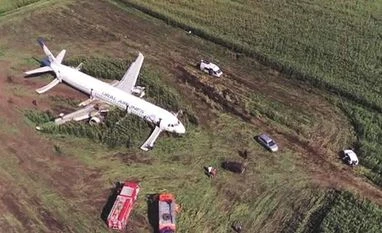 Russian plane hits birds, makes emergency landing near Moscow; 23 injured Plane lands belly down in cornfield | Photo: AP/PTI