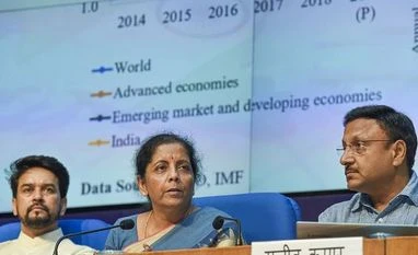 Nirmala Sitharaman, MoS for Finance Anurag Thakur, finance secretary Rajiv Kumar Nirmala Sitharaman, MoS for Finance Anurag Thakur, finance secretary Rajiv Kumar