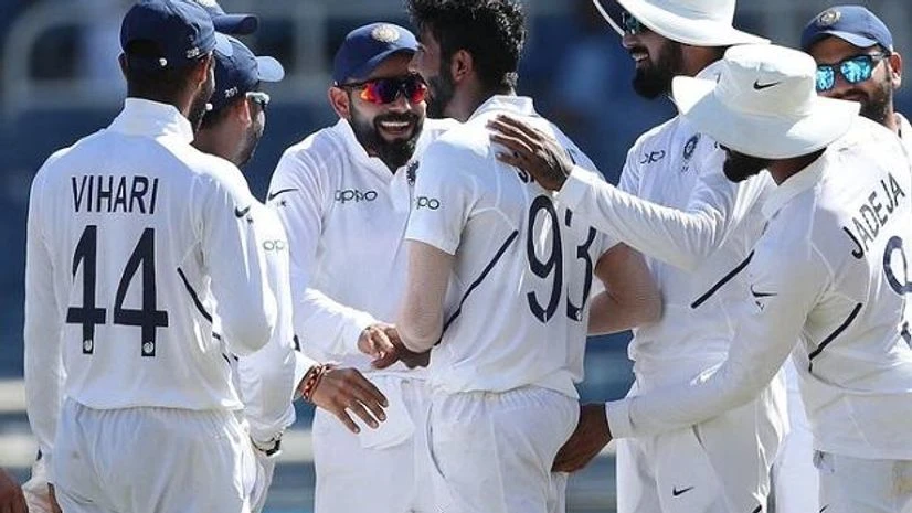 Indian cricket team Indian team celebrates the hat-trick of Jasprit Bumrah against West Indies in the 2nd Test match. Photo: @BCCI