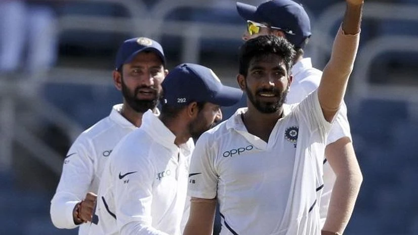 Jasprit Bumrah celebrates taking the wicket of West Indies' Kraigg Brathwaite during day two of the second Test cricket match at Sabina Park cricket ground in Kingston. Photo: AP/PTI Jasprit Bumrah celebrates taking the wicket of West Indies' Kraigg Brathwaite during day two of the second Test cricket match at Sabina Park cricket ground in Kingston. Photo: AP/PTI