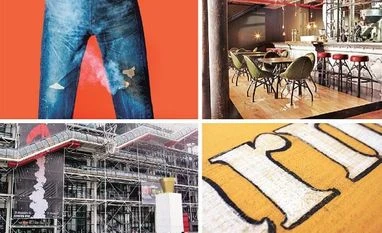 (Clockwise from top left) Laser distressing done on jeans; restaurants with chic distressed architecture; distressed lettering on wood; the Centre Pompidou library in Paris (Clockwise from top left) Laser distressing done on jeans; restaurants with chic distressed architecture; distressed lettering on wood; the Centre Pompidou library in Paris