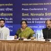 Finance Minister Nirmala Sitharaman addresses a press conference ahead of the 37th meeting of the GST Council, in Panaji, Friday.  MoS Finance Anurag Thakur and Revenue Secretary Ajay Bhushan Pandey are also seen. Photo: PTI