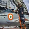 Union Defence Minister Rajnath Singh on board the aircraft carrier INS Vikramaditya which is currently sailing along India's western coastline