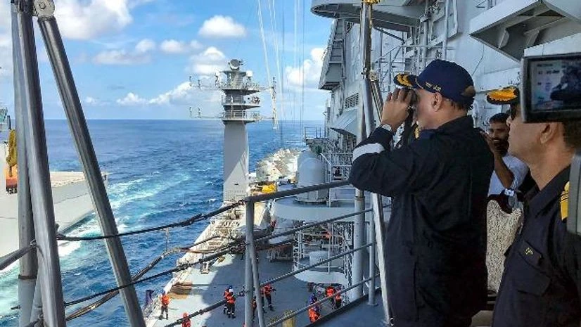 Union Defence Minister Rajnath Singh on board the aircraft carrier INS Vikramaditya which is currently sailing along India's western coastline Union Defence Minister Rajnath Singh on board the aircraft carrier INS Vikramaditya which is currently sailing along India's western coastline