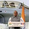Bordeaux:  Indian Defense Minister Rajnath Singh delivers a speech during the handover ceremony at the Dassault Aviation plant in Merignac, near Bordeaux, southwestern France, Tuesday, Oct. 8, 2019.