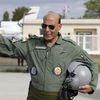 Indian Defense Minister Rajnath Singh gestures before a test flight in a Rafale jet fighter at the Dassault Aviation plant in Merignac, near Bordeaux, southwestern France, Tuesday, Oct. 8, 2019.
