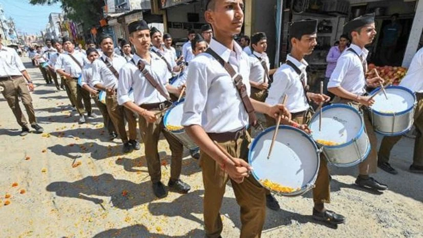 Beawar: Rashtriya Swayamsevak Sangh (RSS) workers participate in Path Sanchalan march on the occasion of Vijayadashami, in Beawar, Tuesday, Oct. 8, 2019. (PTI Photo)( Beawar: Rashtriya Swayamsevak Sangh (RSS) workers participate in Path Sanchalan march on the occasion of Vijayadashami, in Beawar, Tuesday, Oct. 8, 2019. (PTI Photo)(