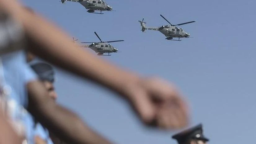 IAF writes to CBFC objecting to 'negative portrayal' in movie Gunjan Saxena Hindon: IAF personnel march as three helicopters perform in the backdrop, during the 87th Indian Air Force Day Parade at Hindon airbase, in Ghaziabad, Tuesday, Oct. 8, 2019. (PTI Photo/Vijay Verma) (
