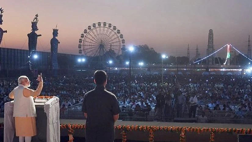 New Delhi: Prime Minister Narendra Modi addresses a gathering during Dussehra celebrations, at DDA Ground, Dwarka, in New Delhi, Tuesday, Oct. 8, 2019. (PIB/PTI Photo)( New Delhi: Prime Minister Narendra Modi addresses a gathering during Dussehra celebrations, at DDA Ground, Dwarka, in New Delhi, Tuesday, Oct. 8, 2019. (PIB/PTI Photo)(