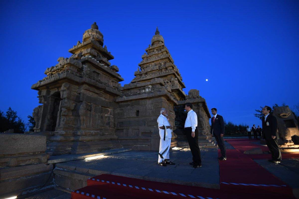 Modi and Xi spending time at one of Mamallapuram's famous temples Modi and Xi spending time at one of Mamallapuram's famous temples