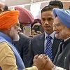 Prime Minister Narendra Modi greets former prime minister Manmohan Singh during an event to inaugurate the passenger terminal building of the Kartarpur corridor on the Indian side, also known as Integrated Check Post, in Gurdaspur, Saturday, Nov. 9,