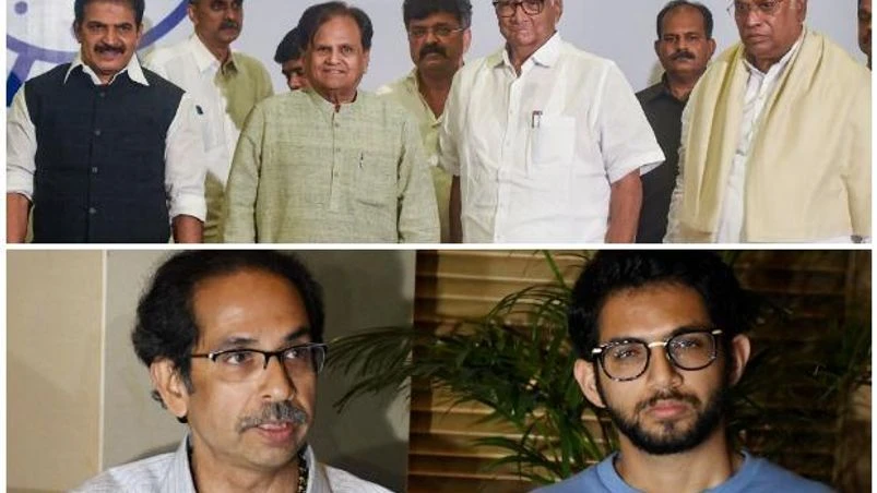 Shiv Sena, NCP, INC (TOP) Congress leaders KC Venugopal, Ahmed Patel, Nationalist Congress Party (NCP) Chief Sharad Pawar, and Mallikarjun Kharge of INC during a joint press conference, in Mumbai. (Bottom) Shiv Sena chief Uddhav Thackeray addresses a press conference wi