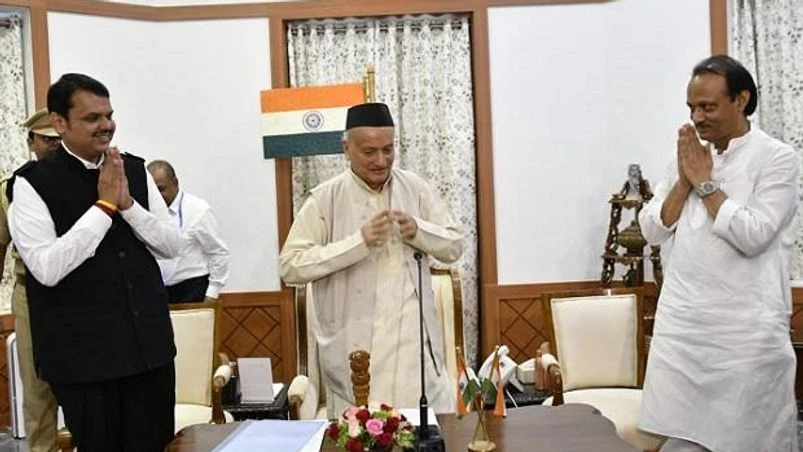 Ajit Pawar, Devendra Fadnavis and Maharashtra governor Ajit Pawar, Devendra Fadnavis and Maharashtra governor