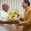 Shiv Sena President Uddhav Thackeray being greeted by NCP chief Sharad Pawar after he was chosen as the nominee for Maharashtra chief minister's post by Shiv Sena-NCP-Congress alliance, during a meeting in Mumbai. Photo: PTI
