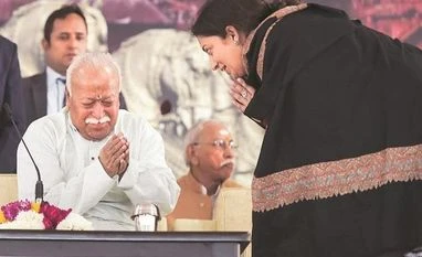 RSS think tank: Sale of Air India, BPCL against 'national interest' Union Minister for Women and Child Development Smriti Irani greets Rashtriya Swayamsevak Sangh chief Mohan Bhagwat at the ‘Geeta Prerna Festival’ at Red Fort in New Delhi on Sunday | Photo: PTI