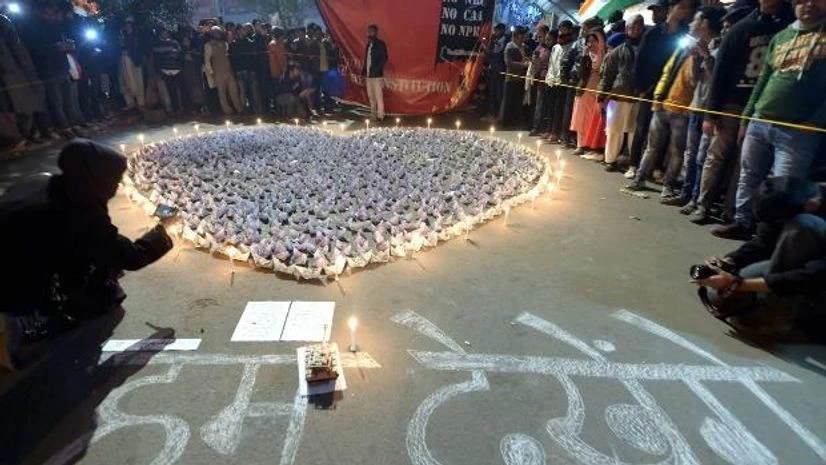 Shaheen Bagh, CAA Protest, NRC Protestors made an art in a demonstration against Citizenship (Amendment) Act and NRC at Shaheen Bagh in New Delhi. Photo: PTI