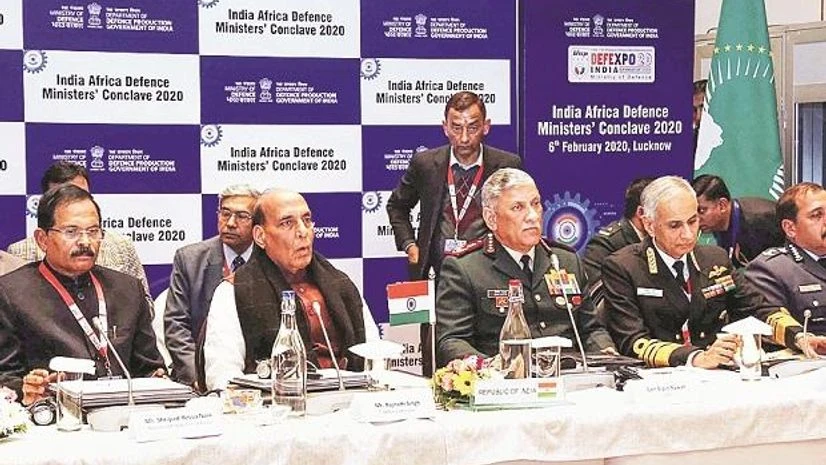 Defence expo, DefExpo, Defence Minister Rajnath Singh chairs the first India-Africa Defence Ministers Conclave 2020 on the sidelines of DefExpo 2020 in Lucknow on Thursday | Photo: PTI