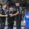 Black Caps, from left, James Neesham, Tom Latham and Kyle Jamieson celebrate after defeating India in 2nd ODI at Eden Park in Auckland. File photo: AP | PTI
