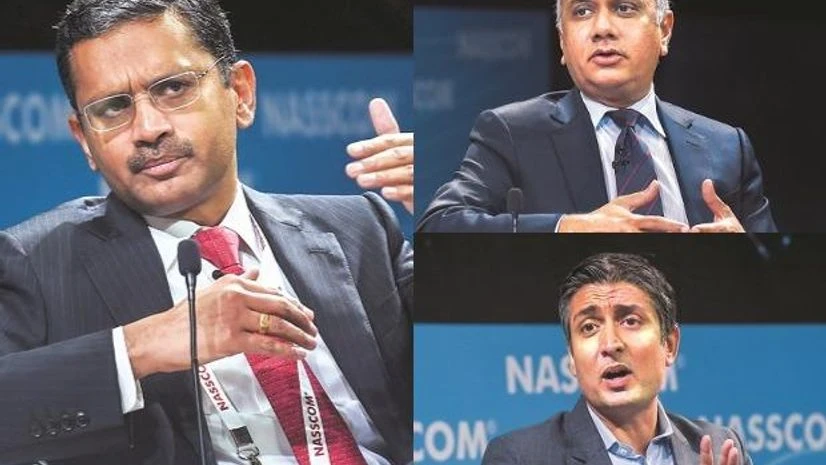 Tata Consultancy Services MD & CEO Rajesh Gopinathan, Infosys MD & CEO Salil Parekh and Wipro chairman Rishad Premji at Nasscom's leadership summit in Mumbai on Wednesday| Photo: PTI Tata Consultancy Services MD & CEO Rajesh Gopinathan, Infosys MD & CEO Salil Parekh and Wipro chairman Rishad Premji at Nasscom's leadership summit in Mumbai on Wednesday| Photo: PTI
