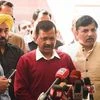 Delhi Chief Minister Arvind Kejriwal with Aam Aadmi Party (AAP) leader Sanjay Singh addresses media. Photo: PTI