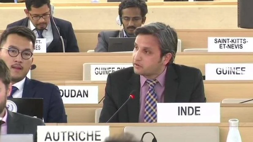 Vimarsh Aryan Vimarsh Aryan, First Secretary MEA at UNHRC responds to Pakistan. Photo: ANI