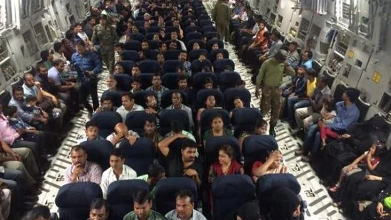 Evacuated persons, Yemen crisis Evacuated persons wait as they make their way back to India from war-torn Yemen. Photo: Ministry of Defence (Twitter)