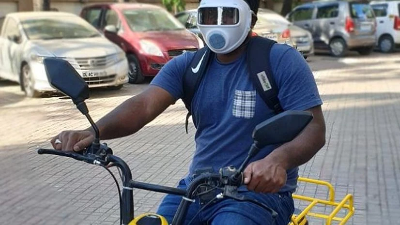 Full-face armour A two-wheeler rider wearing full-face armour. Credits: Irfan Khan, founder and CEO, EbikeGo