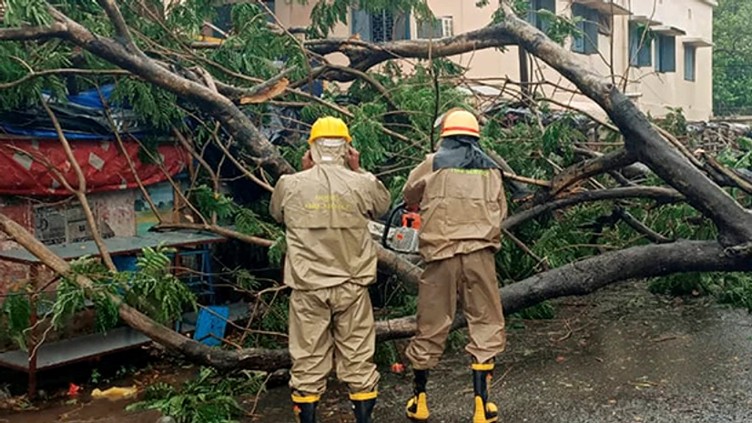 Cyclone Amphan Firefighters clear road blockage after a tree uprooted due to heavy winds and rain ahead of cyclone 'Amphan' landfall, near R&B office in Bhadrak. Photo: PTI