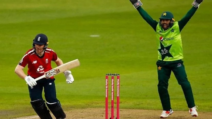 Pakistan wicket-keeper Mohammad Rizwan appeal for lbw against England captain Eoin Morgan. Photo: @ICC Photo: @ICC Pakistan wicket-keeper Mohammad Rizwan appeal for lbw against England captain Eoin Morgan. Photo: @ICC Photo: @ICC