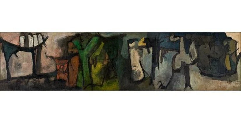 Voices, M F Husain Voices, the largest work he painted in the 1950s, easily fits into mural-style painting