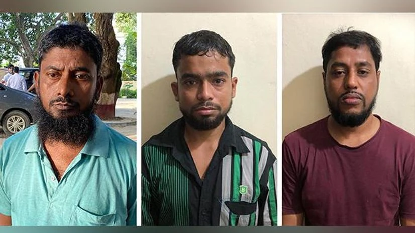 al Qaeda terrorists, Abu Sufiyan, Murshid Hasan, Mosaref Hossen Alleged al Qaeda terrorists (L-R) Abu Sufiyan, Murshid Hasan and Mosaref Hossen after being arrested by National Investigation Agency (NIA) on Saturday, Sept. 19, 2020. Photo: PTI