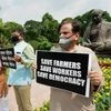 Senior Congress MPs Ghulam Nabi Azad, KC Venugopal, Ahmed Patel, TMC MP Derek O’Brien, AAP MP Sanjay Singh and other opposition lawmakers protest against the recent farm and labour bills, during the ongoing Monsoon Session, at Parliament House in New