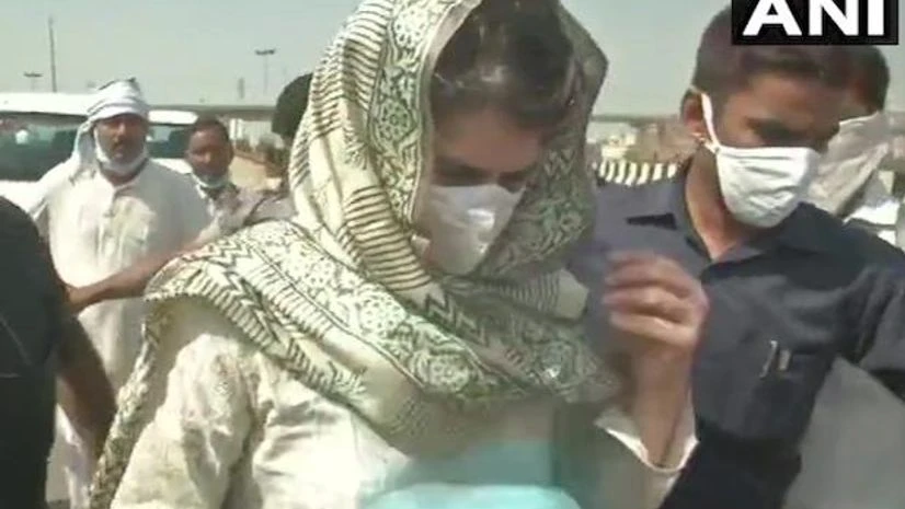 Priyanka Gandhi Vadra, Hathras Priyanka Gandhi Vadra along with Congress workers walks along the Yamuna Expressway, after her vehicle was stopped by authorities on her way to Hathras | Credits: ANI