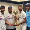 Cheteshwar Pujara with Border-Gavaskar Trophy.